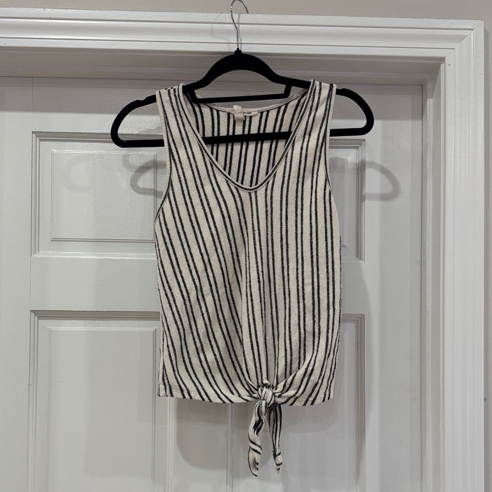 Caution to the Wind Striped Black and White Tie-Front Distressed Tank Top